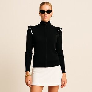 Polo Golf Ralph Lauren Black Cashmere Coolmax Ruffle Trim Full Zip Sweater XS